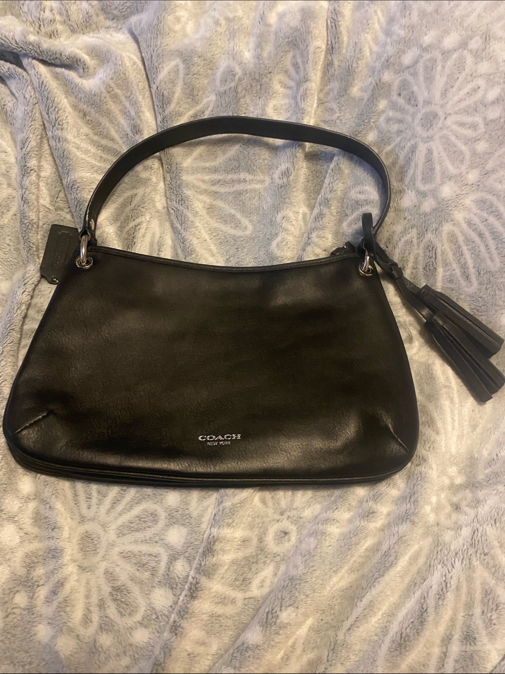 Coach Black Leather Shoulder Bag with Tassel Accent